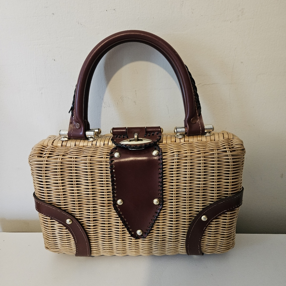 Vintage 1960's Straw Leather Handbag